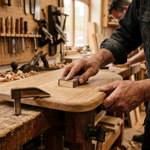 Craftsman sanding premium oak wood